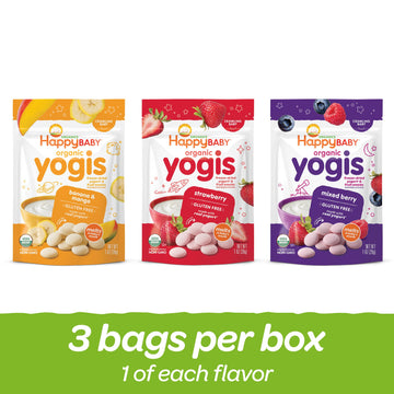 Happy Baby Organics Baby Snacks, Yogis, Freeze Dried Yogurt & Fruit Snacks, Gluten Free Snack For Babies 9+ Months, 3 Flavor Var