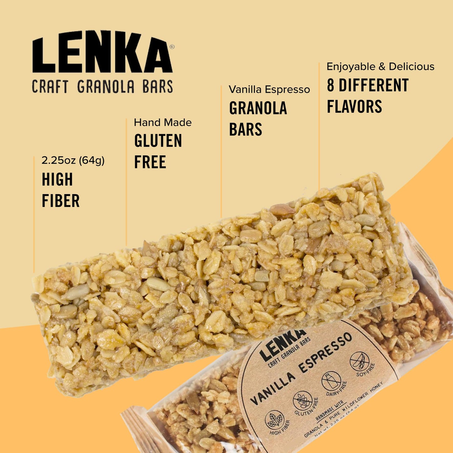Lenka Handmade Craft Granola Bars - Vanilla Espresso Gluten Free High Fiber - Nutritious & Delicious Snack Bar - 12 Pack