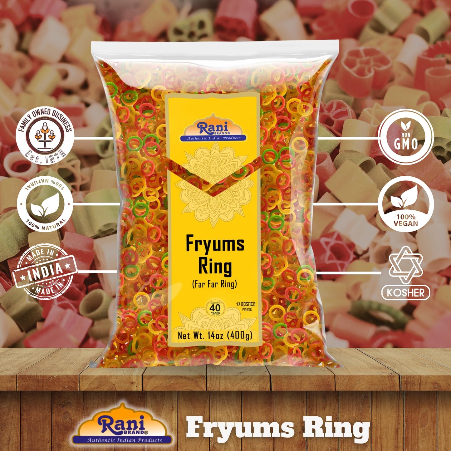 Rani Far Far Fryums - Vegan Wheat & Tapioca Snack, Ring Shape, 14oz (400g), Uncooked, Kosher