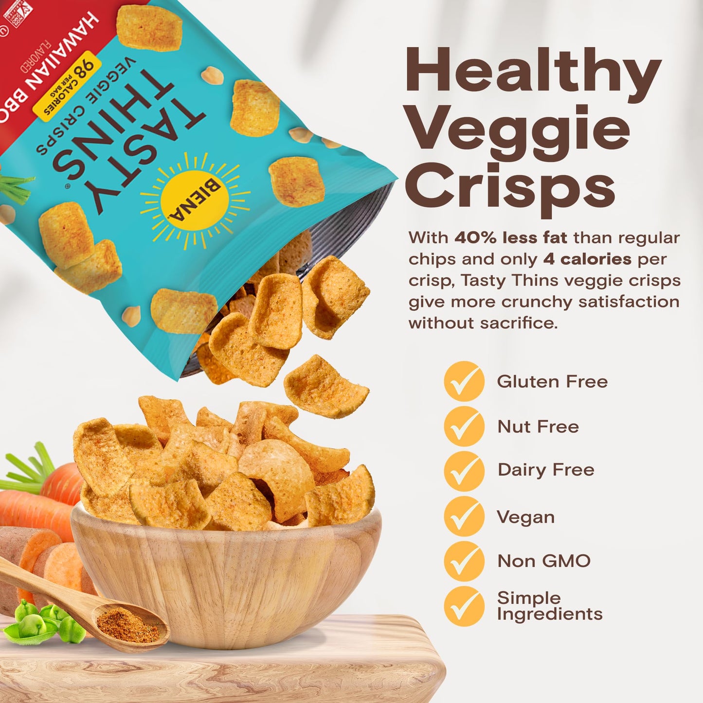 Biena Tasty Thins Veggie Crisps - Hawaiian Bbq, 0.75 Ounce (Pack Of 12) - Chickpeas & Veggies, Vegan, Gluten Free, Dairy-Free, N
