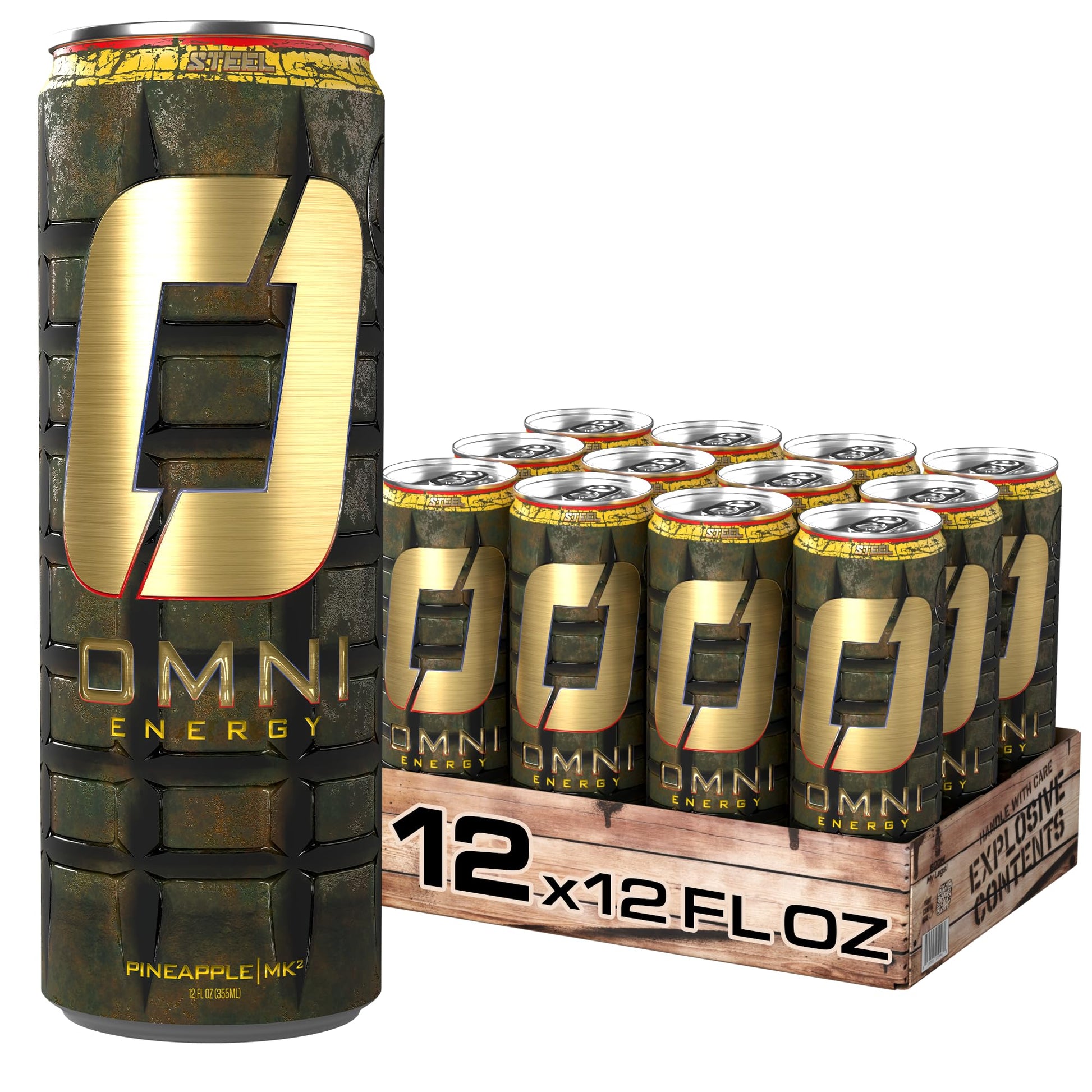 Steel Supplements OMNI Energy Drink Pineapple - Pack of 12, 200mg Caffeine, Sugar-Free, Low Calorie, 12 Oz Cans