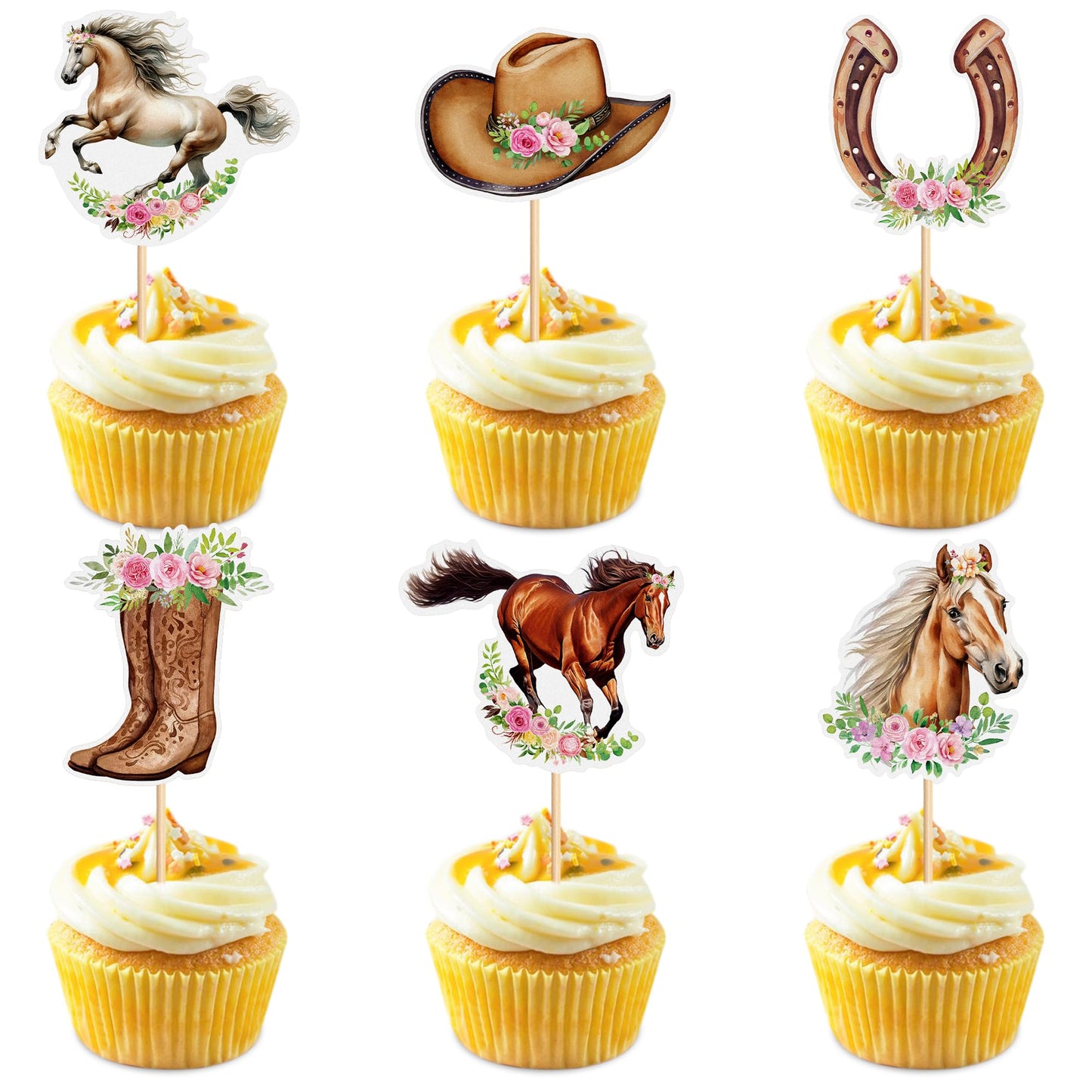 36 Pack Horse Cupcake Toppers Flower Horse Cupcake Picks Horse Racing Party Baby Shower Wedding Girls Birthday Party Cake Decora