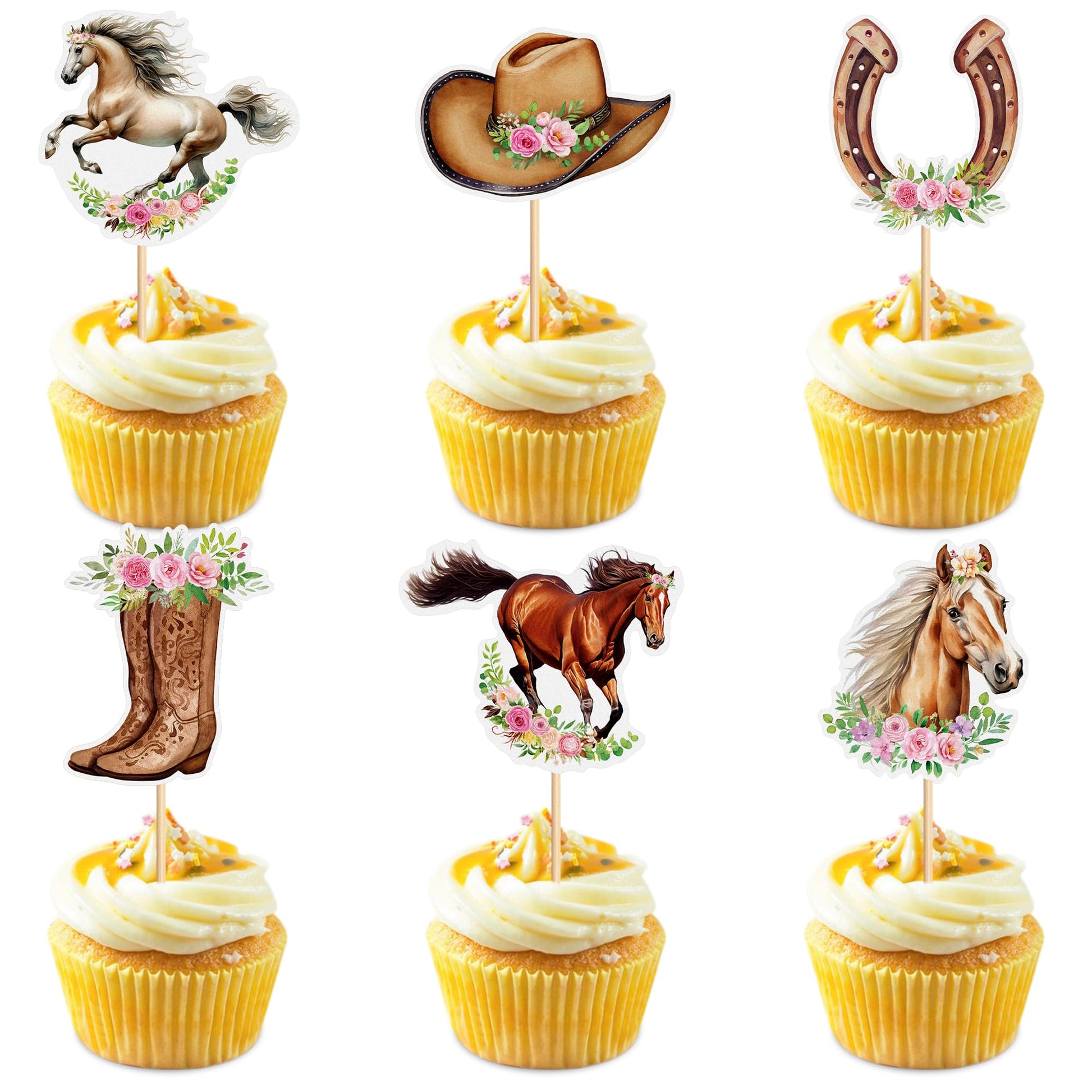 36 Pack Horse Cupcake Toppers Flower Horse Cupcake Picks Horse Racing Party Baby Shower Wedding Girls Birthday Party Cake Decora