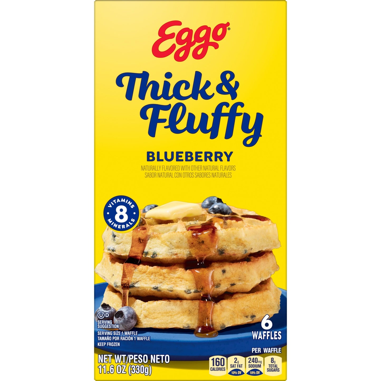 Eggo Thick and Fluffy Frozen Waffles, Frozen Breakfast, Breakfast Food, Blueberry, 11.6oz Box (6 Waffles)