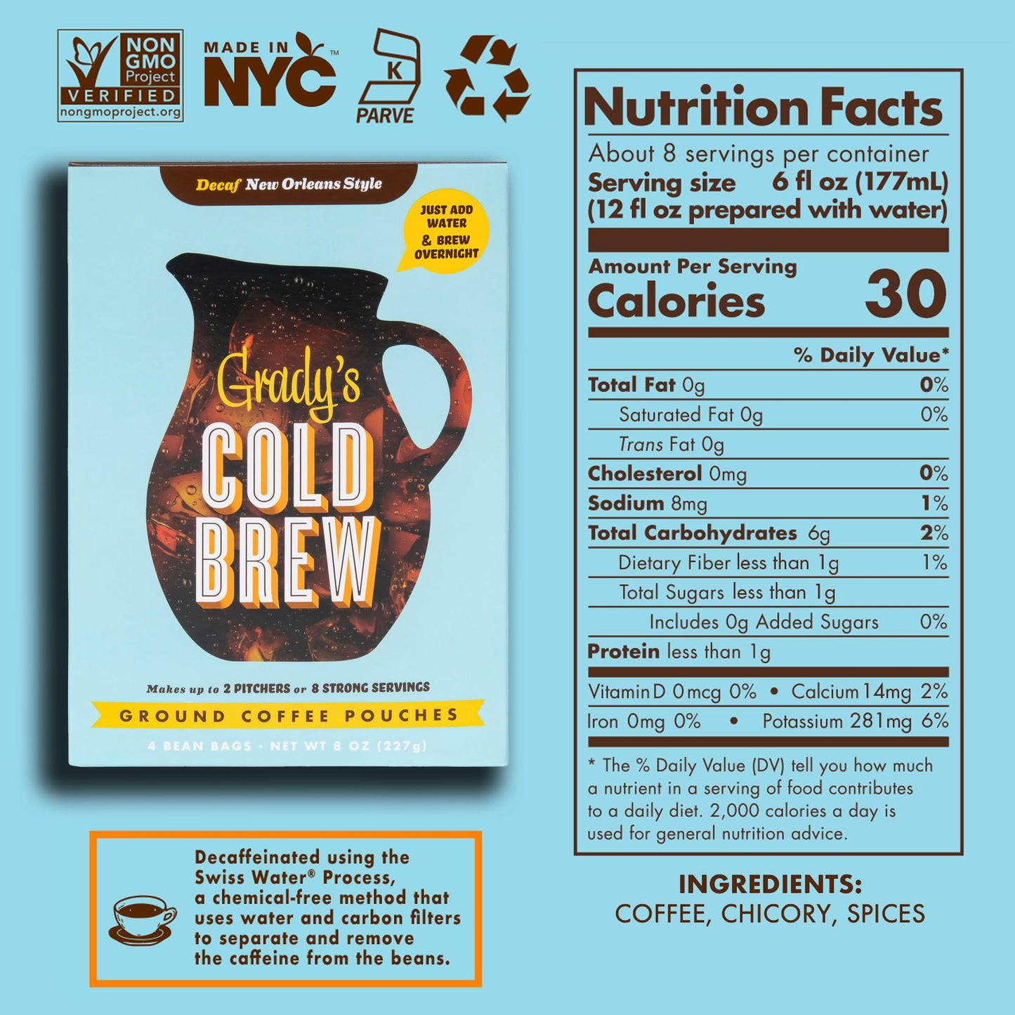 GRADYS COLD BREW, New Orleans Style - DECAF, 100% Arabica Ground Coffee & Chicory Pouches, TWO Bundles of 4 Easy-to-Brew Bean Ba