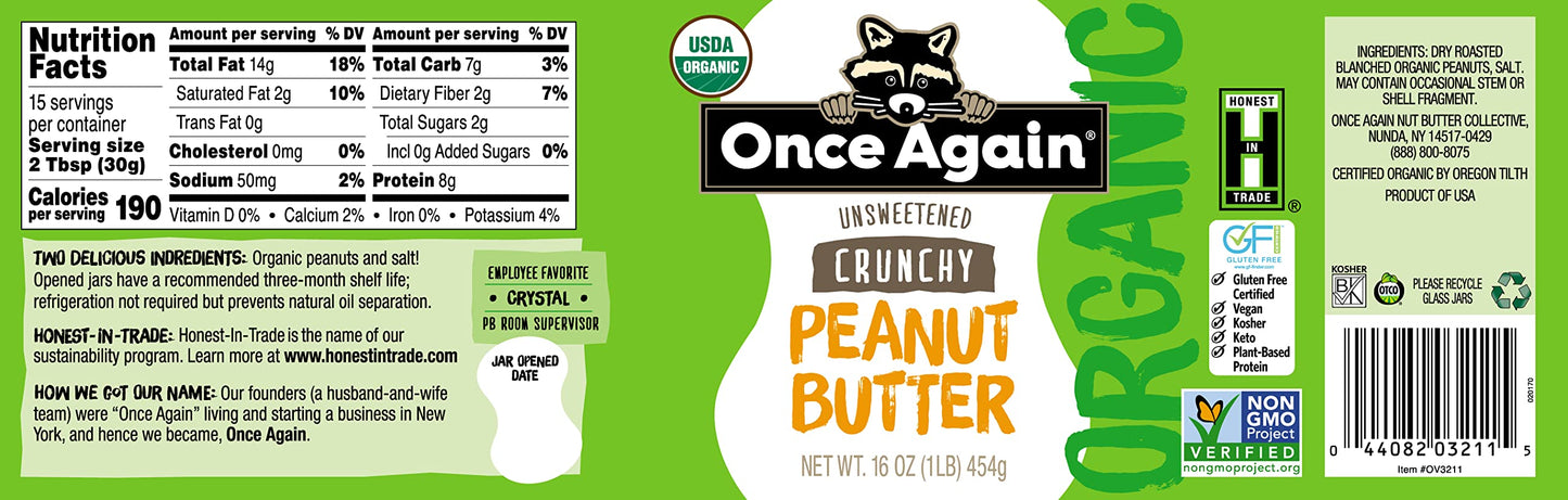 Once Again Organic Crunchy Peanut Butter, 16Oz - Lightly Salted, Unsweetened - Usda Organic, Gluten Free Certified, Vegan, Kosher - Glass Jar - Case Pack Of 12