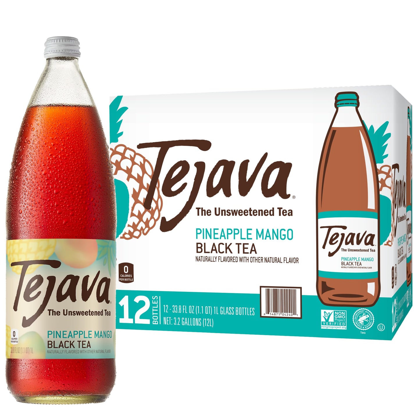 Tejava Pineapple Mango Black Iced Tea, Unsweetened, 12-Pack, 1 Liter Glass Bottles, Non-GMO, Kosher, No Sugar, No Calories