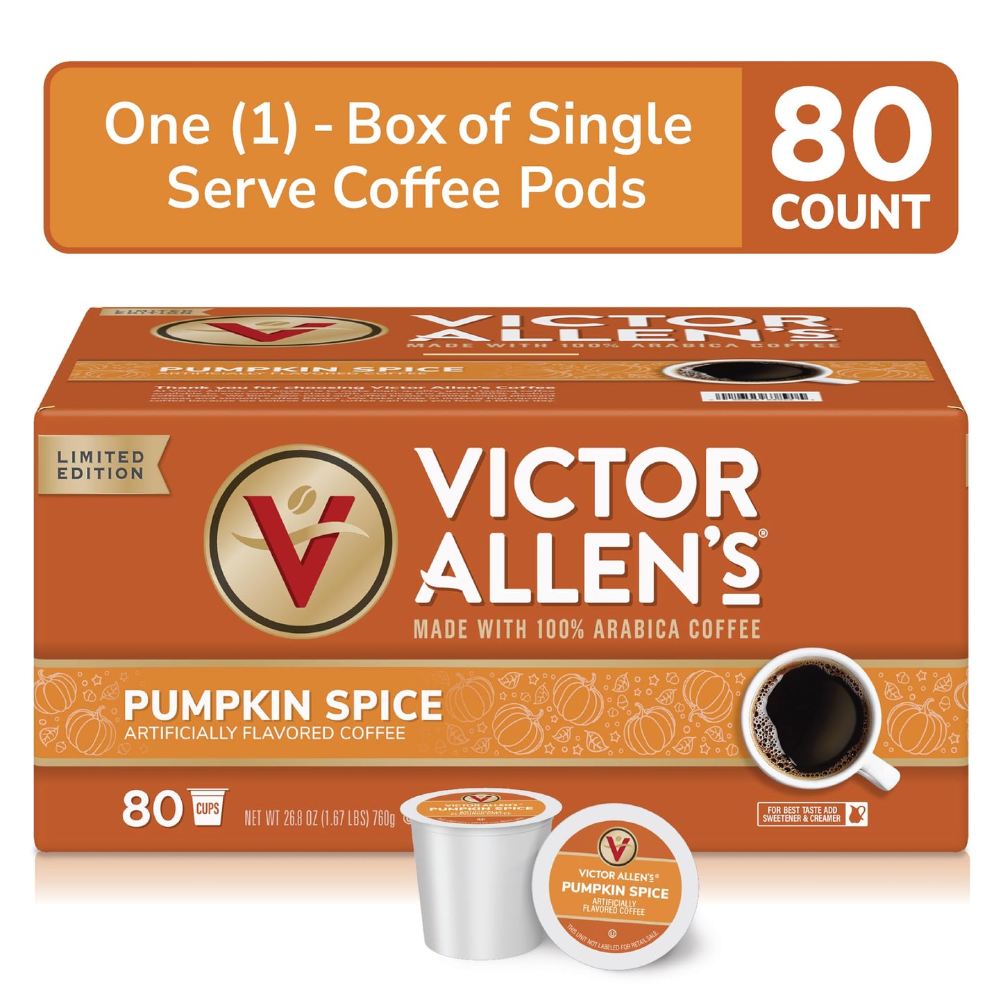Victor Allens Coffee Pumpkin Spice Flavored Medium Roast Coffee Pods, 80 Count, Compatible with Keurig K-Cup malt-inspired, Brown