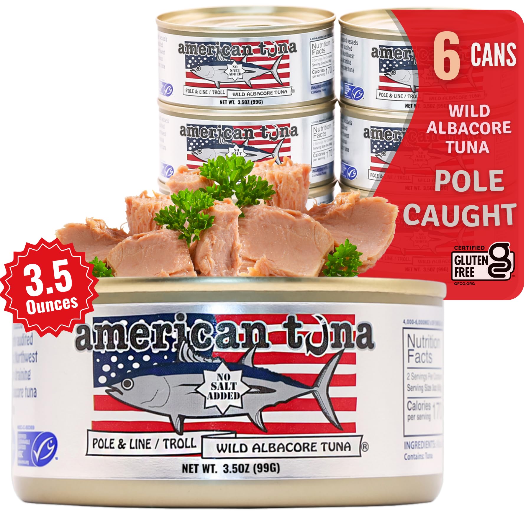 American Tuna Pole Caught Wild Albacore Tuna, No Salt Added, 6 Pack of 3.5 oz Cans, Sustainably Harvested, Dolphin Safe, USA Produced