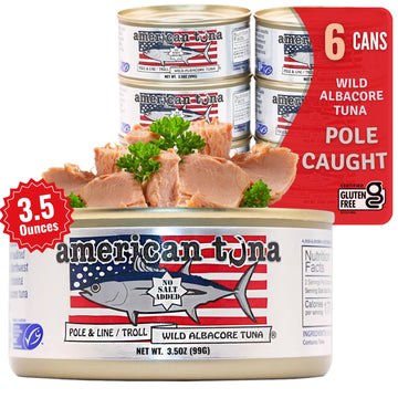American Tuna Pole Caught Wild Albacore Tuna, No Salt Added, 6 Pack of 3.5 oz Cans, Sustainably Harvested, Dolphin Safe, USA Produced
