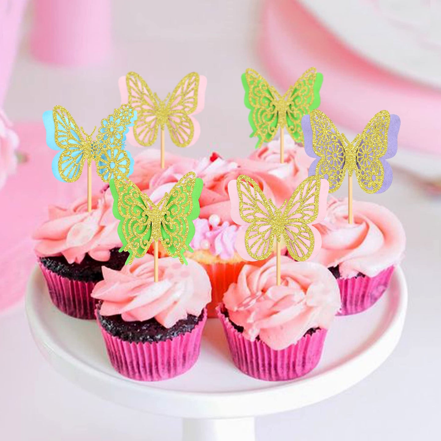 Ercadio 24 Pack Butterfly Cupcake Toppers - Glitter Double Layers Gold Butterfly Cupcake Picks 3D For Wedding Anniversary Kids B