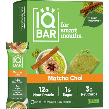 Iqbar Brain And Body Plant Protein Bars - Matcha Chai - 12 Count, Low Carb, High Fiber, Gluten Free, Healthy Vegan Snacks - Low 