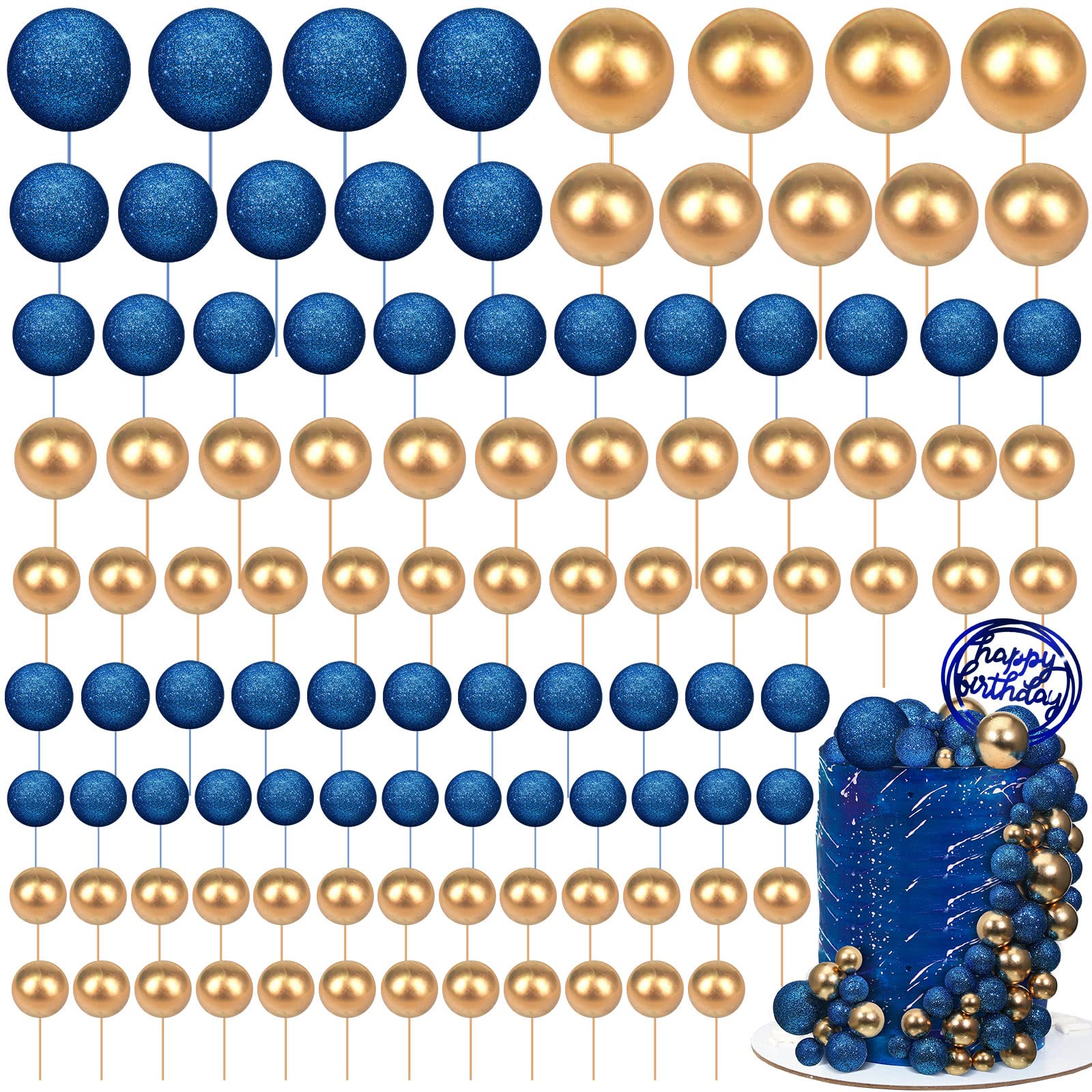 Tondiamo Foam Balloons Cake Topper Set, 108 Pcs for Weddings & Birthdays, Bright Blue & Gold, Multi Sizes, Model SD-Tondiamo-75220