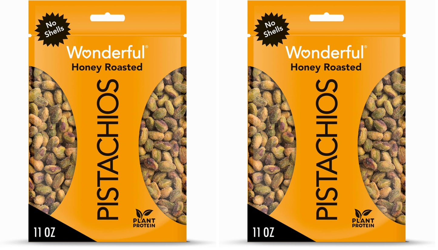 Wonderful Pistachios No Shells, Honey Roasted, 11 Ounce Bag, Protein Snack, Gluten Free, On-the Go Snack (Pack of 2)