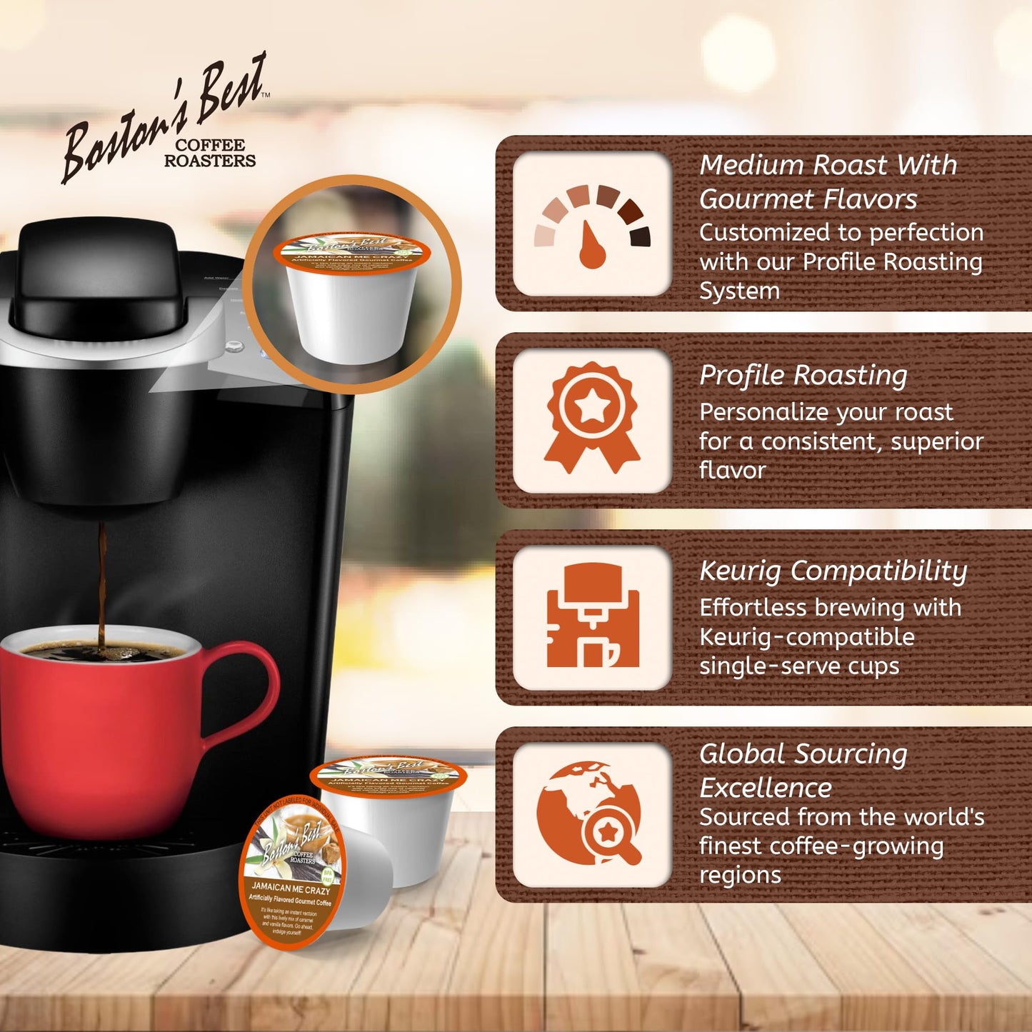 Bostons Best Jamaican Me Crazy Medium Roast Coffee, Compatible with Keurig, 12 Single Serve Cups, Model 017809009332