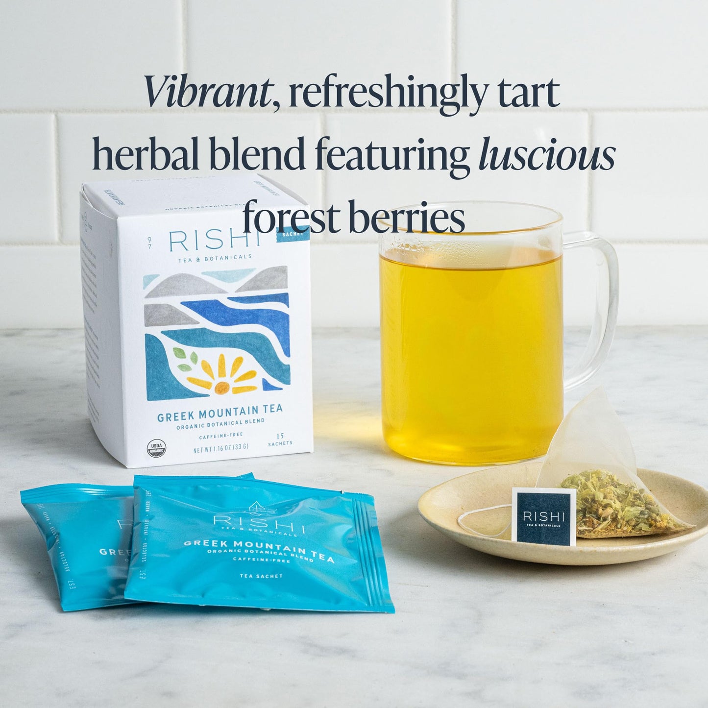 Rishi Tea Greek Mountain Tea Herbal Tea - Organic  Caffeine Free Sachet Tea Bags  Sleep Friendly  Fortifying Botanical Blend with Ironwort - 15 Count (Pack of 1)