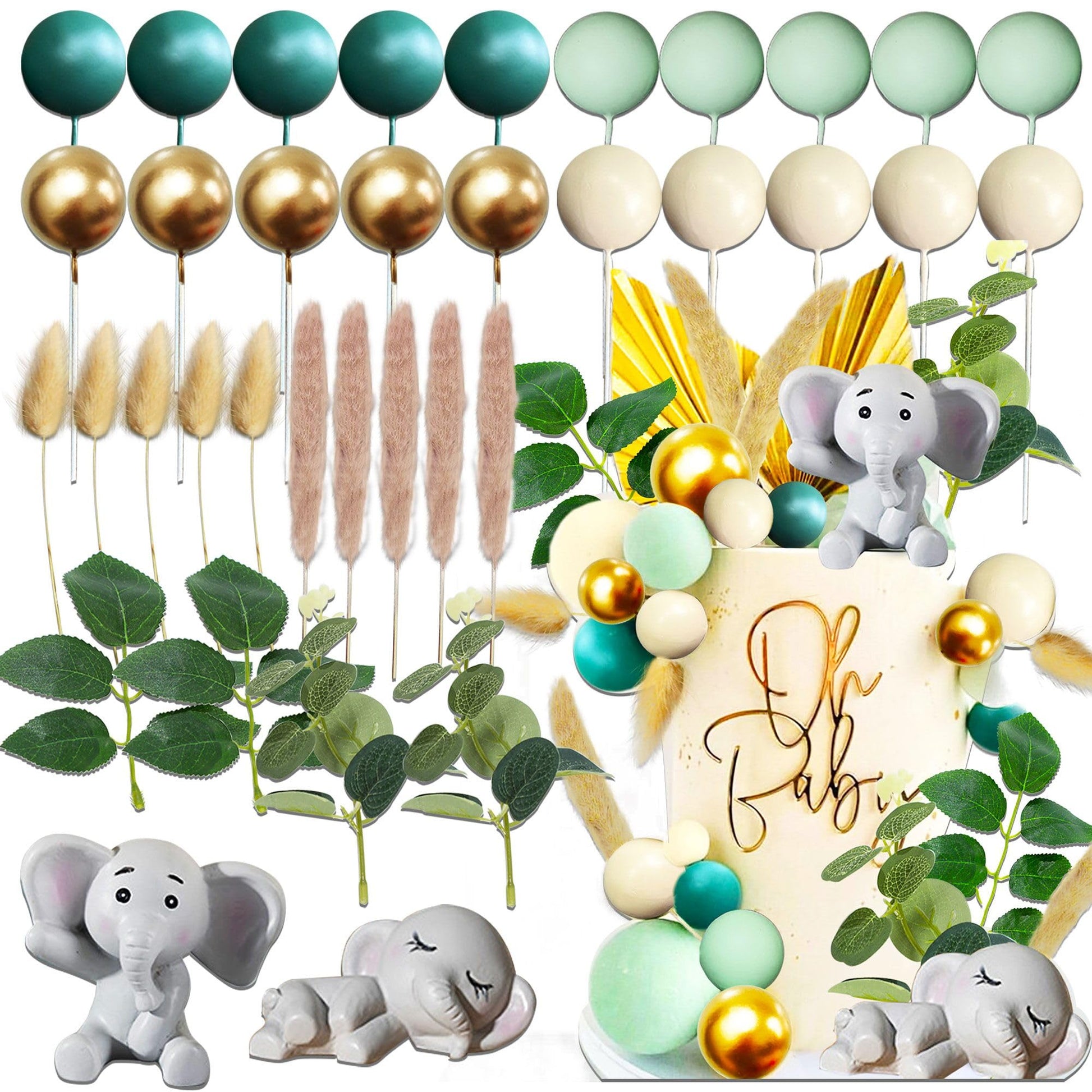 Jevenis 36 Pcs Sage Green Elephant Baby Shower Cake Decoration Boy Or Girl Cake Topper Gender Reveal Cake Toppers Elephant Baby 