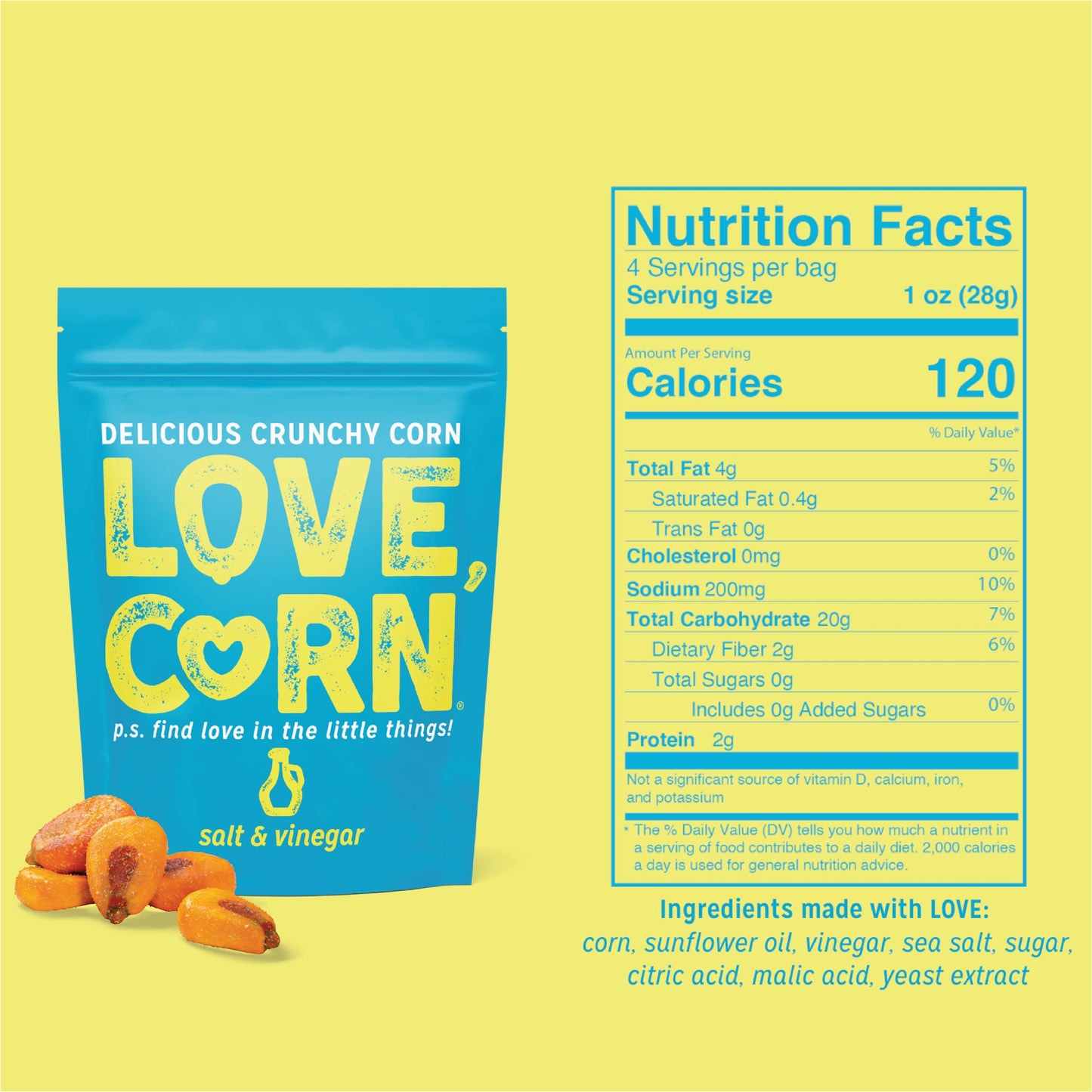 Love Corn: Salt & Vinegar | Crunchy Corn - Gluten-Free - Plant Based & Vegan - Healthy Snack - Low Sugar - Non Gmo - (Box Of 6 B