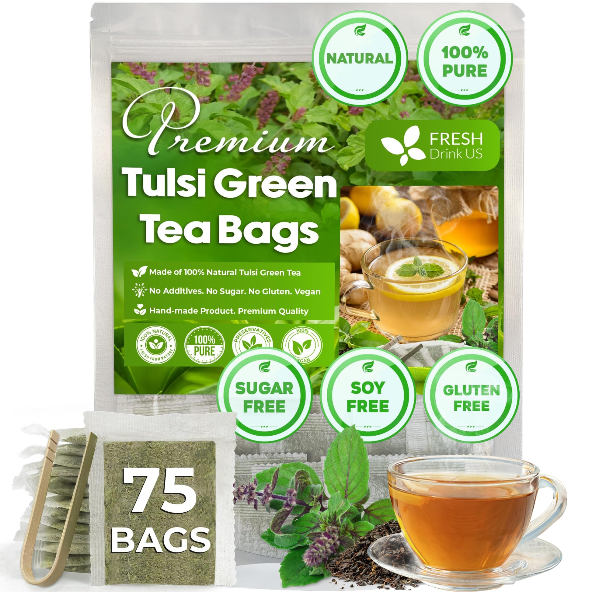 FRESHDRINKUS Tulsi Green Tea Bags, 100% Natural, Vegan, 75 Tea Bags