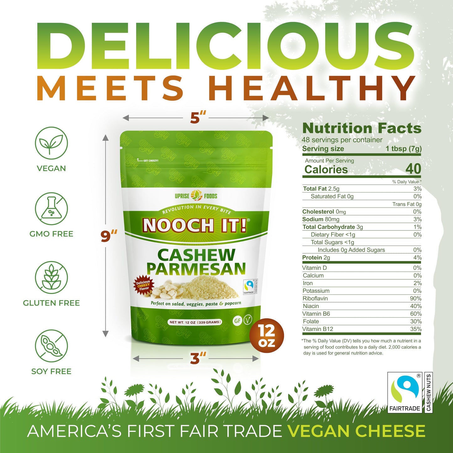 NOOCH IT Vegan Cashew Parmesan Cheese - 12oz | Dairy-Free, Organic, Fair Trade | Grated Plant-Based Cheese Topping & Parmesan Su