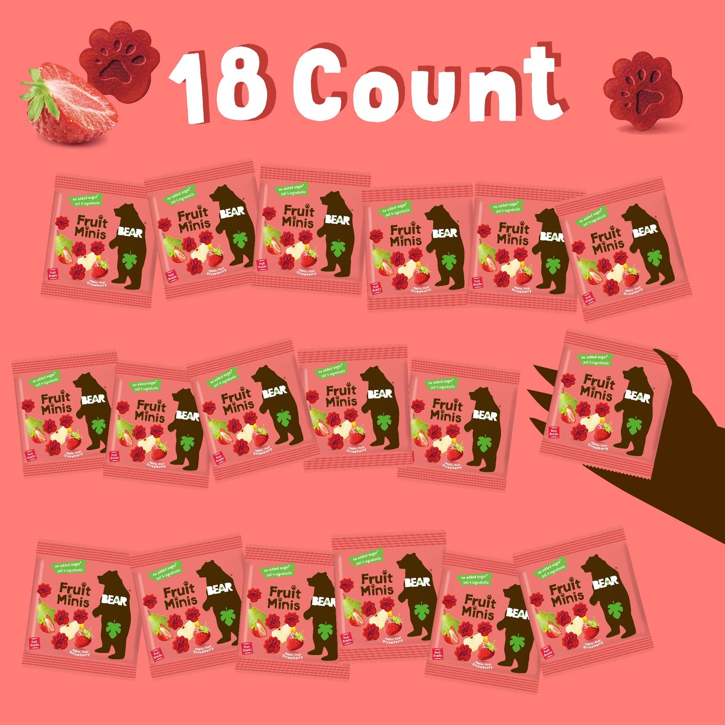 Bear Real Fruit Snack Minis, Strawberry - (Pack Of 18) - Bite Sized Snacks For Kids, Gluten Free, Vegan, Non Gmo, 0.7 Oz