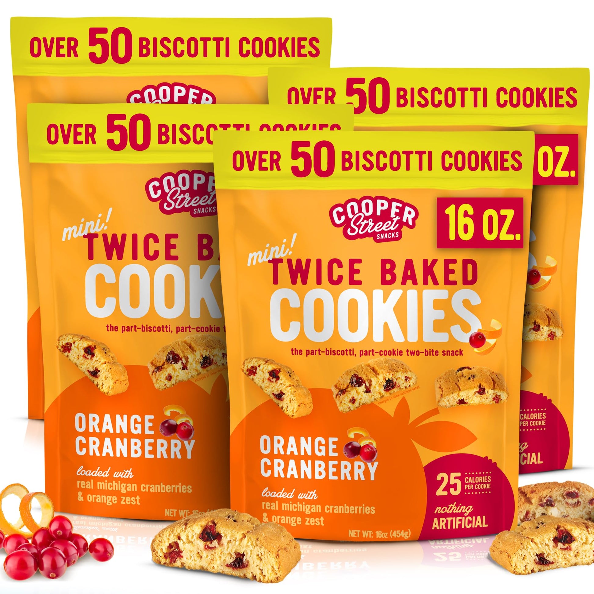 Cooper Street Twice-Baked Orange Cranberry Biscotti Cookies (16 oz - Pack of 4) - Over 50 Biscotti per Bag Loaded with Real Frui