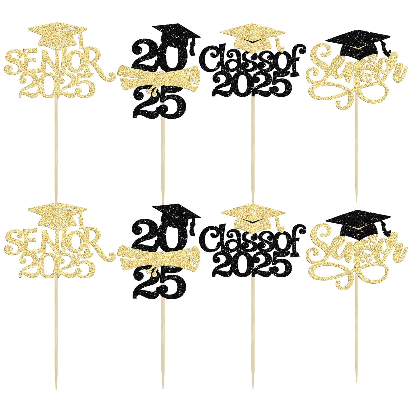 Gyufise 24Pcs Graduation Cupcake Toppers, Glitter Senior Class of 2025 Decorations, Gold Paper Picks