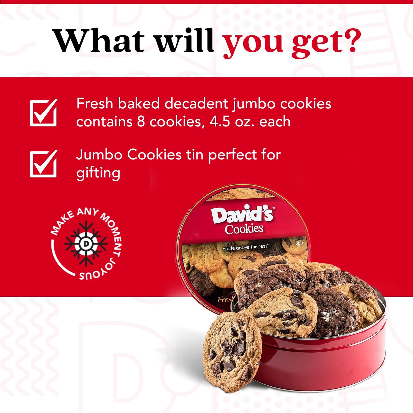 Davids Cookies Assorted Fresh-Baked Decadent Cookie Gift Basket Tin - Luscious Large Cookies No Added Preservatives 4 oz./ each