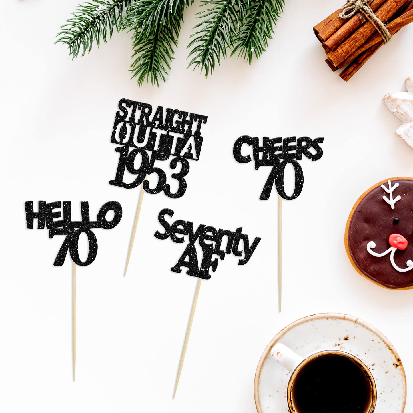 Gyufise 24 Pack Black 70Th Birthday Cupcake Toppers Glitter Seventy Hello 70 Straight Outta 1953 Cupcake Picks For Cheers To 70
