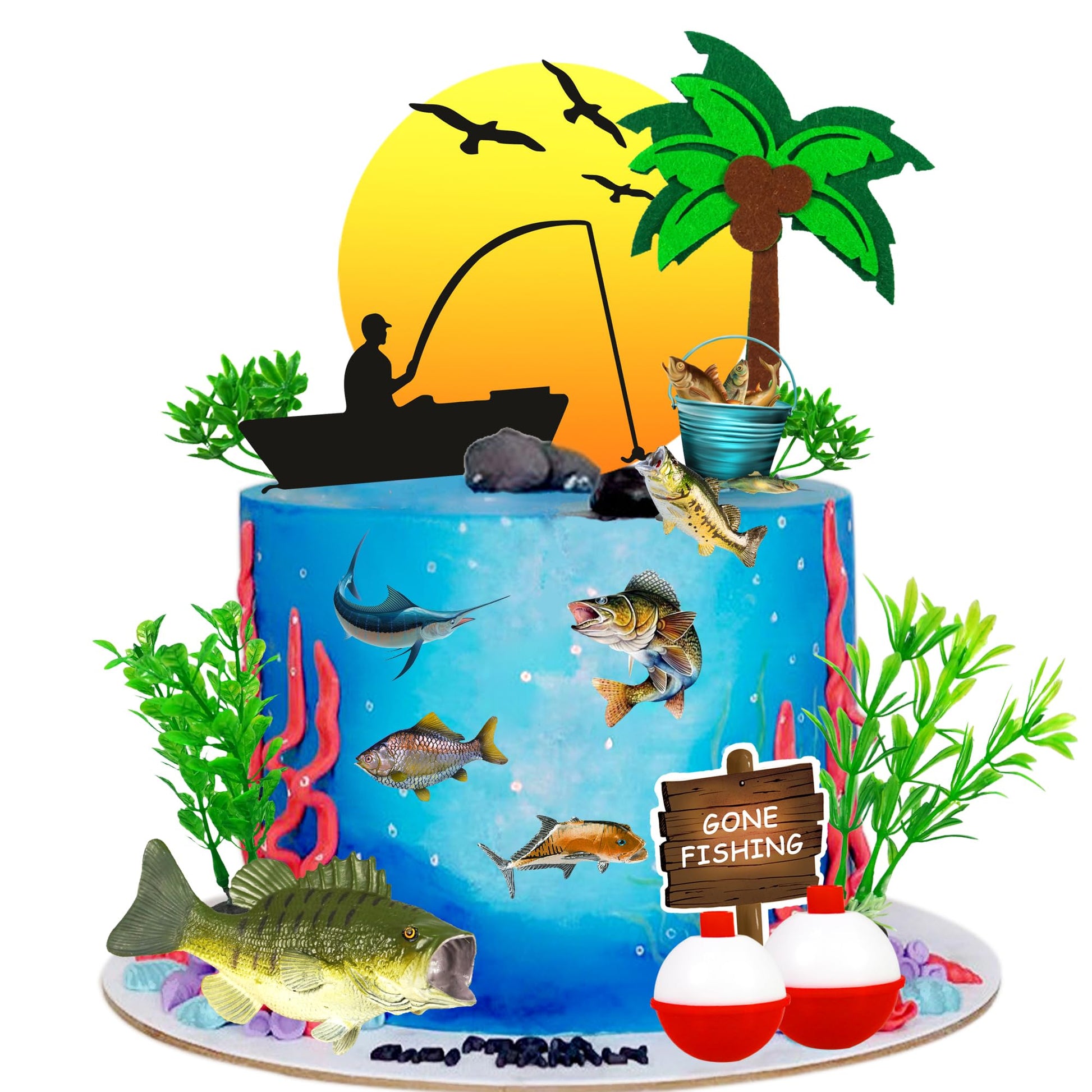 DRWATE 17 PCS Gone Fishing Cake Topper Set, Fisherman Themed Birthday Decorations, Paper, Model GCMGG10007