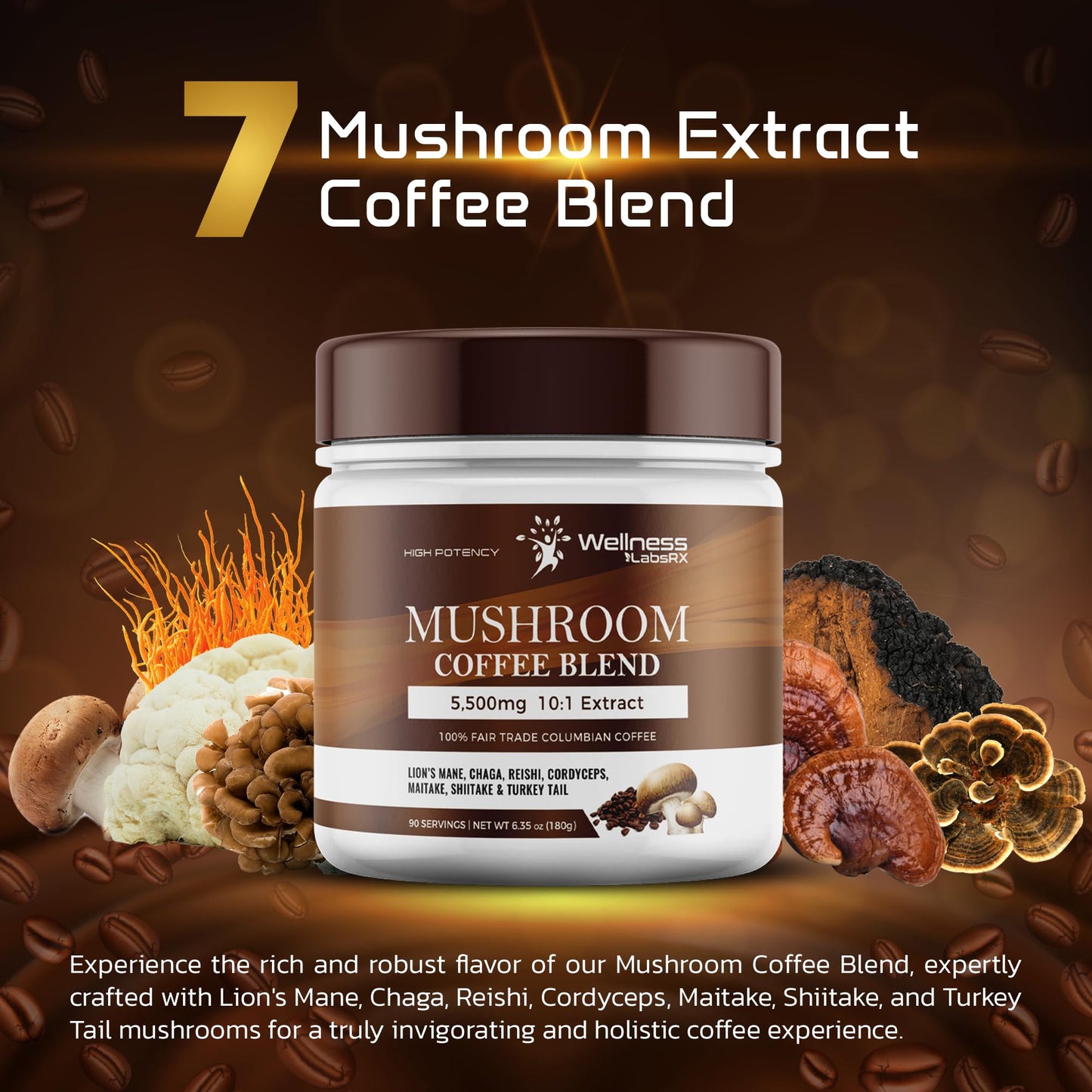 Mushroom Coffee, Organic Mushrooms Instant Coffee, Great Tasting Columbian Coffee, Organic Keto Coffee, 7 Superfood Mushrooms Li