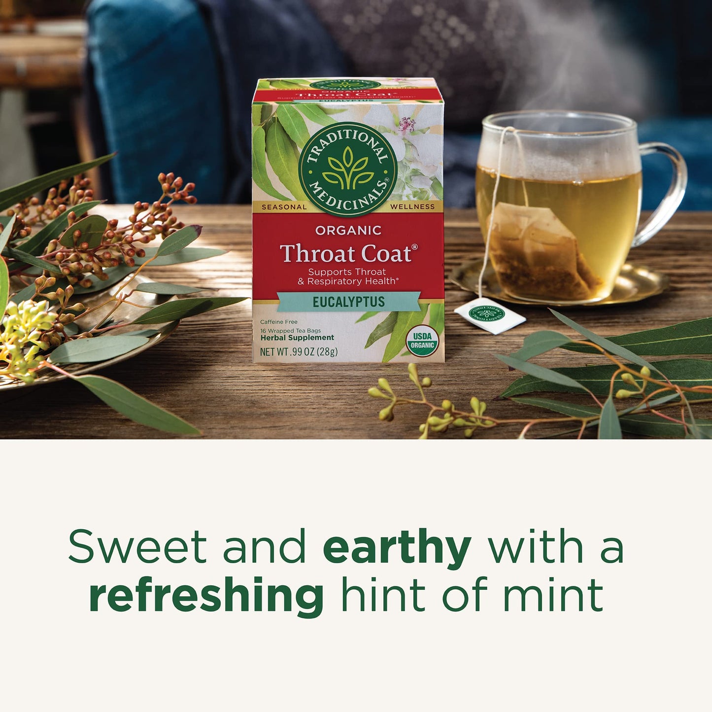 Traditional Medicinals Throat Coat Tea, Eucalyptus & Slippery Elm, 16 Tea Bags, Caffeine-Free, Non-GMO, Compostable