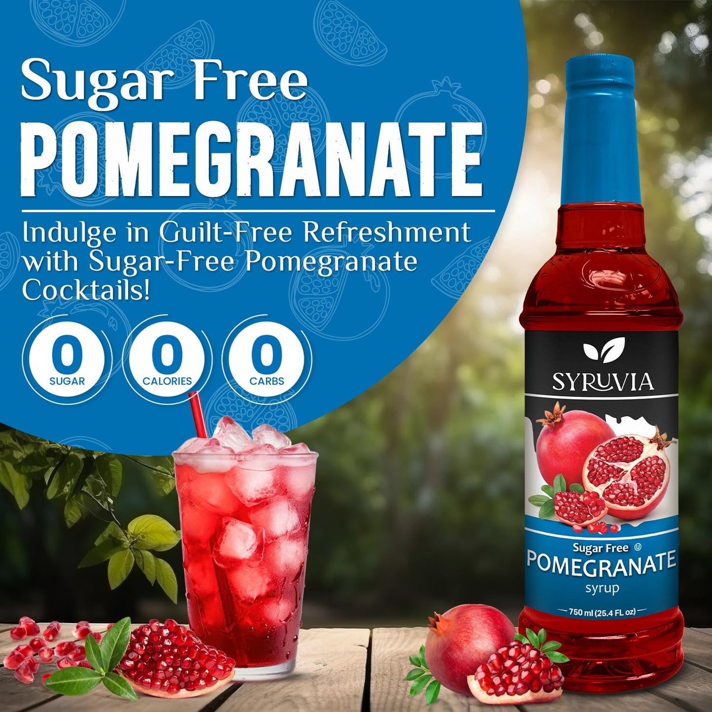 Syruvia Sugar-Free Pomegranate Syrup - 25.4 fl oz. enhanced Flavoring Syrup. 0 Calories  Kosher  and Gluten-Free. Ideal for Enhancing Tea  Italian Sodas  Beverages  Desserts  Ice Cream  Cocktails  and Mocktails.