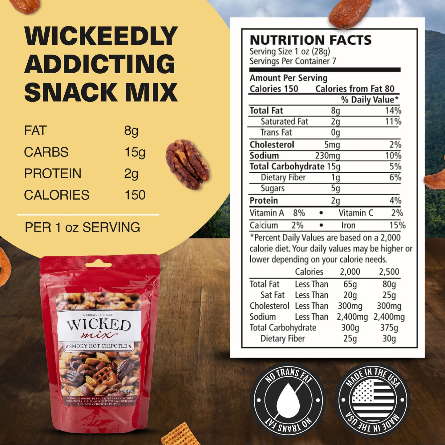 Wicked Mix Snack Mix - Sweet and Salty Trail Mix with Mixed Nuts, 7 Oz, Smoky Chipotle Flavor, Resealable Bag