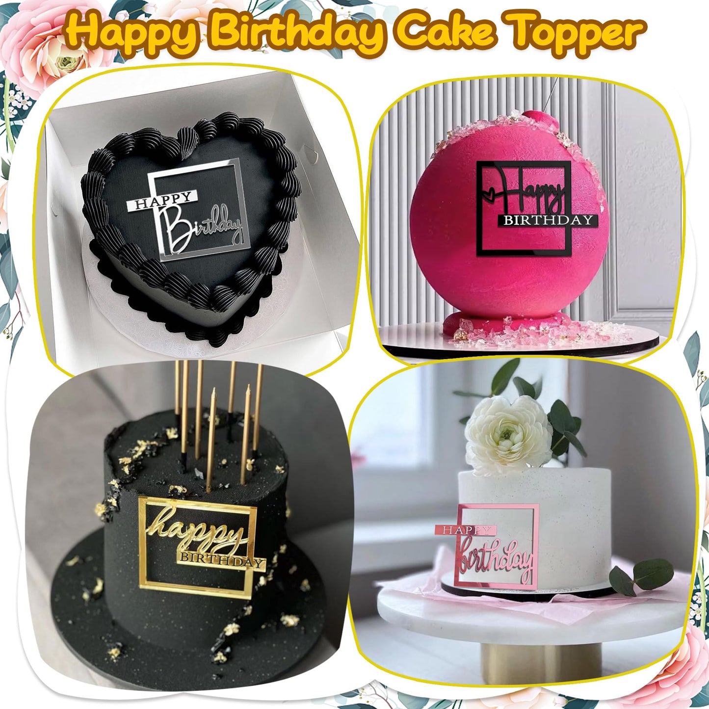 16 Pcs Happy Birthday Cake Toppers Mirror Acrylic Cake Topper Side Cake Decorations Cake Inserts Cake Decorating Supplies Cupcak