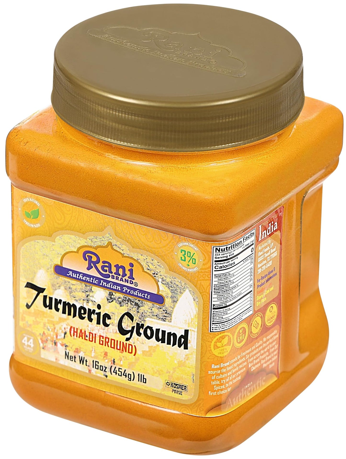 Rani Turmeric (Haldi) Root Powder Spice  (High Curcumin Content) 16oz (1lb) 454g PET Jar ~ All Natural | 100% Pure  Salt Free | Vegan | Gluten Friendly | NON-GMO | Kosher | Indian Origin