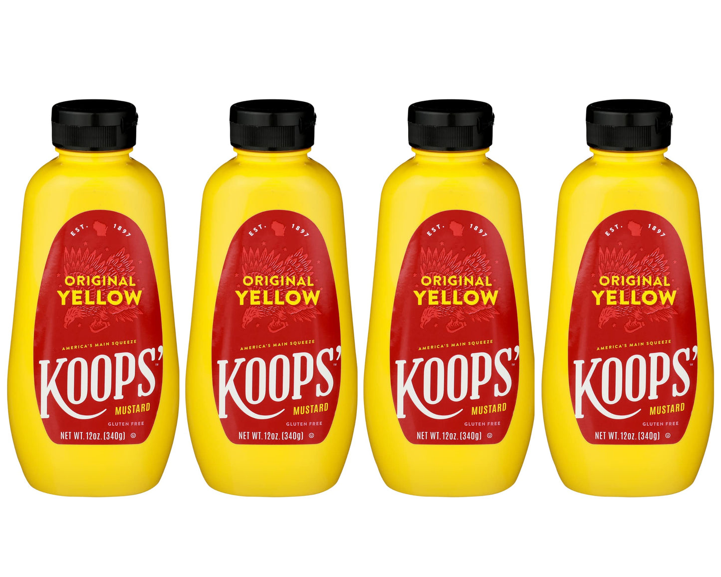 KOOPS Original Yellow Mustard, Gourmet, Gluten-Free, Kosher, 12 Oz, Pack of 4