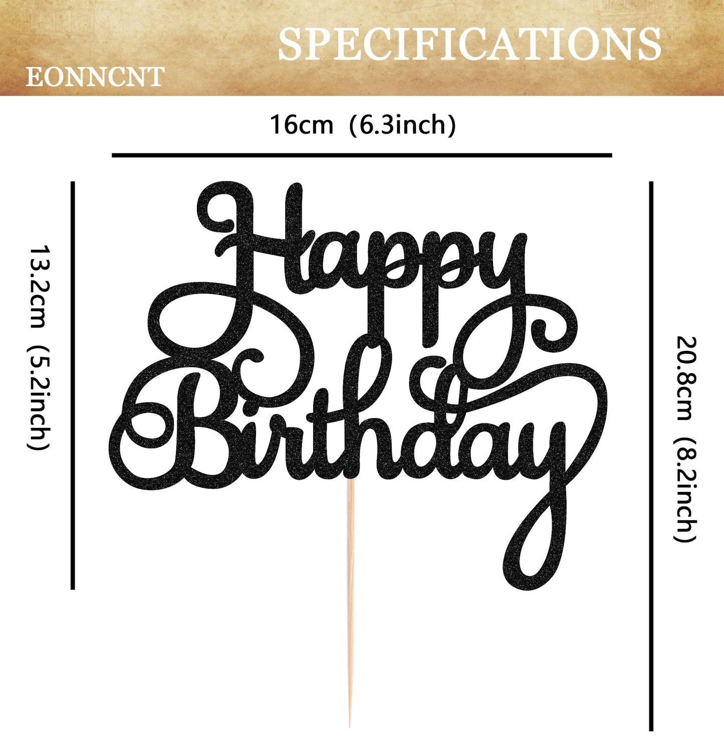 EONNCNT Happy Birthday Cake Topper - Black Glitter Paper Decoration - Model MOUCCT-HB