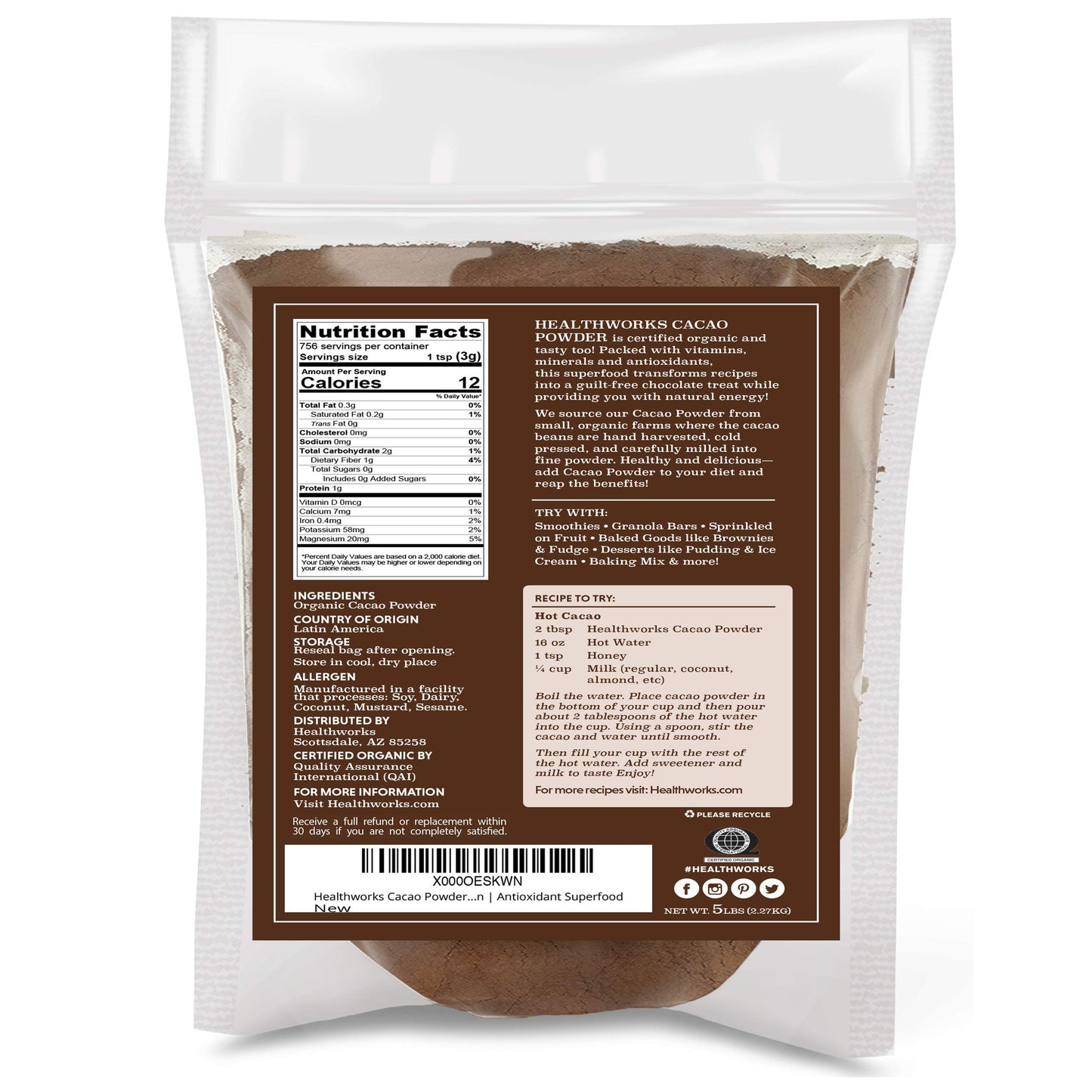 Healthworks Superfoods Organic Cacao Powder - 80 Oz / 5 Lb - Cocoa Chocolate Substitute - Rich Choclate Flavour - Sugar-Free, Ke
