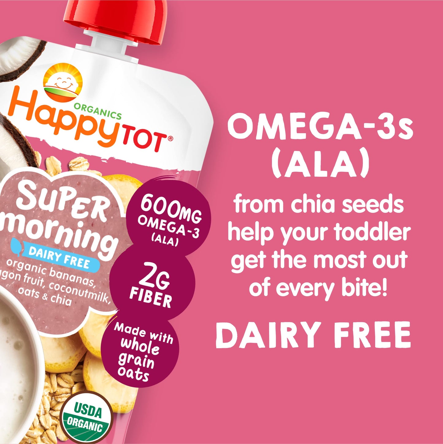 Happy Tot Organics Stage 4 Baby Food Pouches, Gluten Free, Vegan & Dairy Free Snack, Super Morning Fruit & Oat Blend, Bananas, D