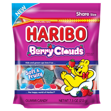 Haribo Gummi Candy | Berry Clouds In A Resealable Stand Up Bag | Blueberry, Wildberry, & Strawberry, 7.5 Oz.