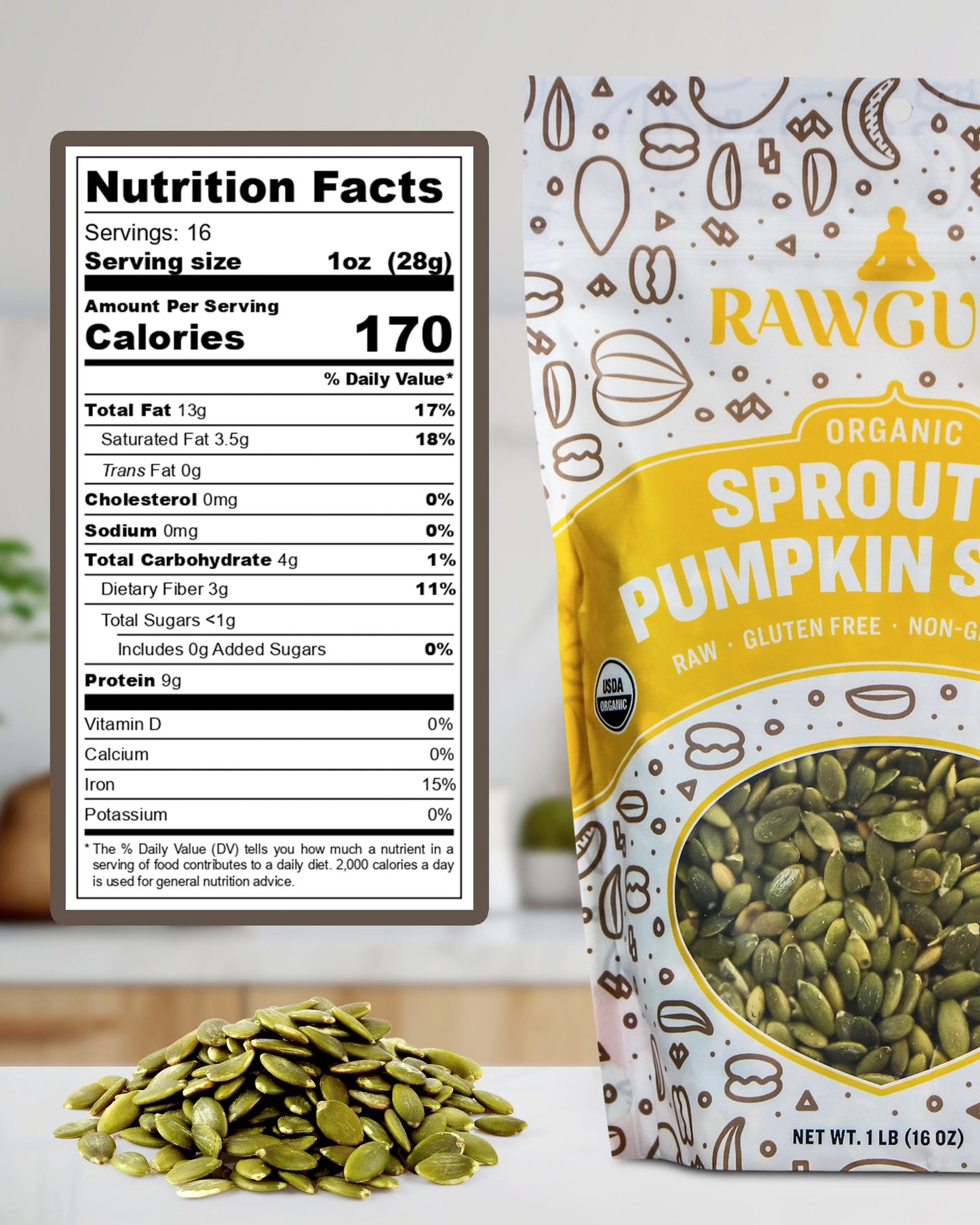 Rawguru Organic Sprouted Pumpkin Seeds - Pumpkin Seeds To Eat - 16 Oz, Pack Of 2