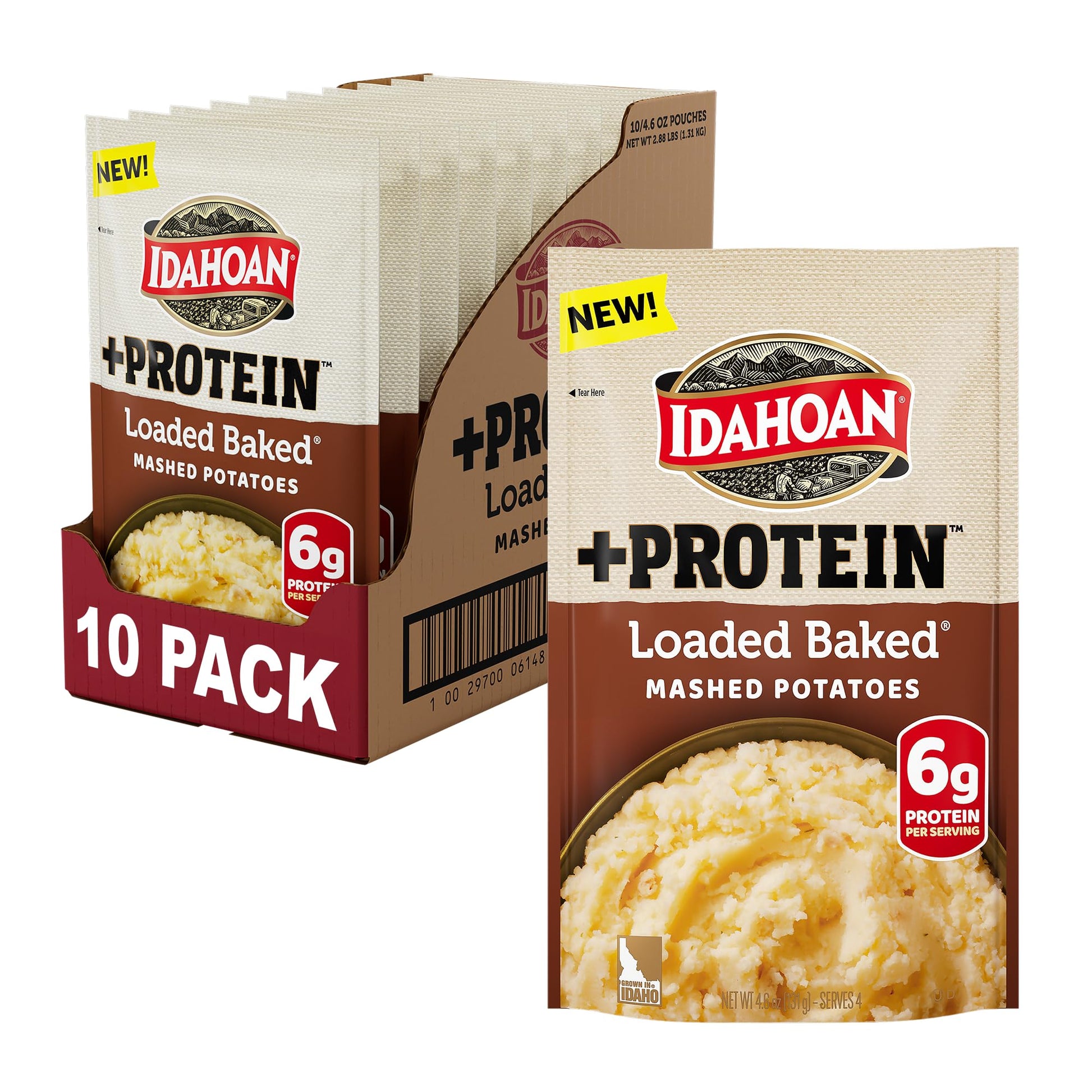 Idahoan Loaded Baked +Protein Mashed Potatoes, Naturally Gluten-Free, 100% Real Idaho Potatoes, 4 servings per bag, 4.6 ounce (P