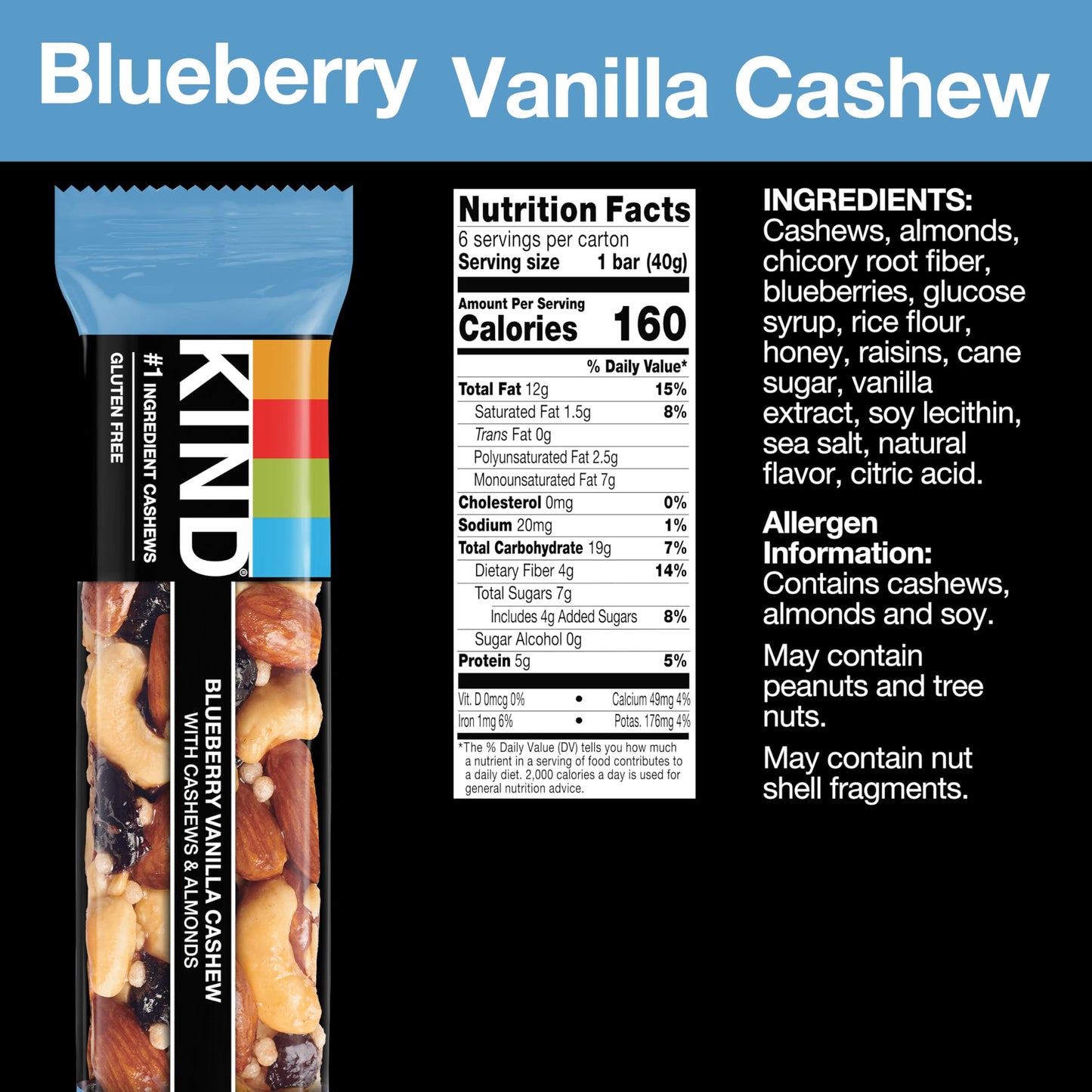 Kind Bars, Blueberry Vanilla Cashew, Healthy Snacks, Gluten Free, 5G Protein, 12 Count