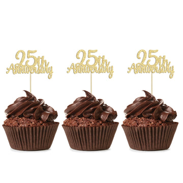 Gyufise 24Pcs 25Th Anniversary Cupcake Toppers Gold Glitter Cheers To 25 Years Wedding Twenty Five Anniversary Cupcake Picks For