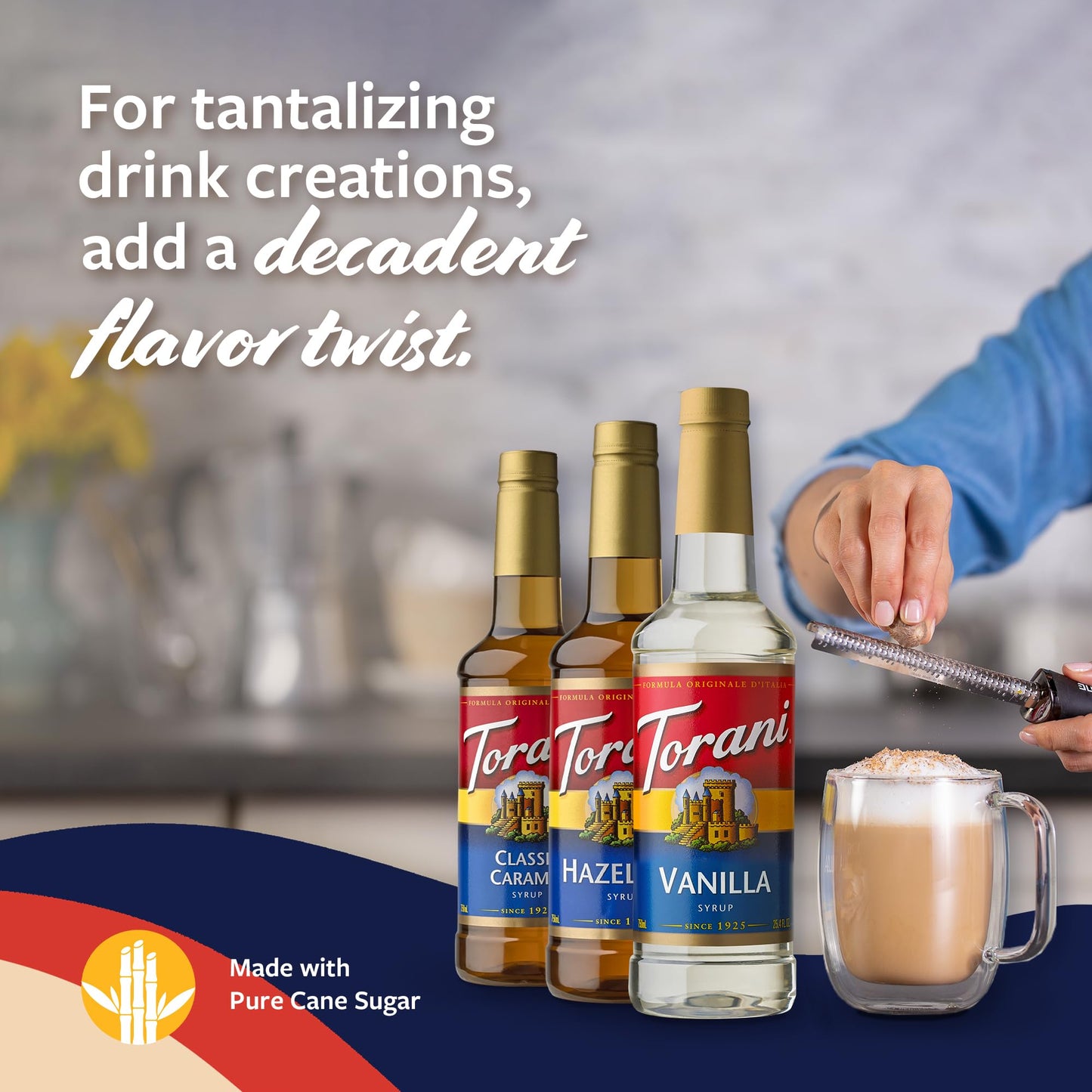 Torani Syrups, Classic Caramel, Hazelnut, And Vanilla Syrup Variety 3-Pack, Coffee Syrups For Drinks, Pumps Included, 25.4 Fl Oz