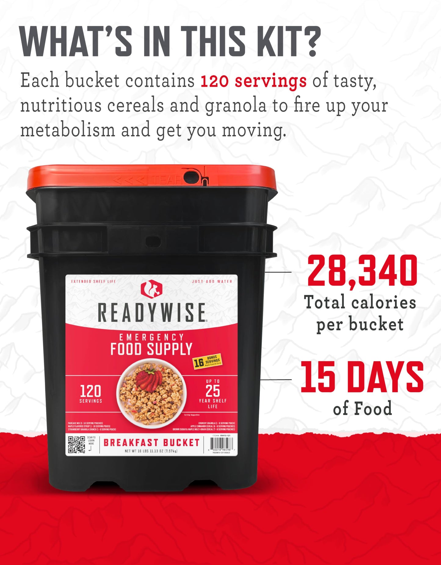 Readywise Emergency Food Supply - 120 Servings Breakfast Bucket, Freeze Dried & Dehydrated Meals, Survival Food Kit For Backpacking, Camping Essentials & Prepping Supplies, Up To 25 Year Shelf Life