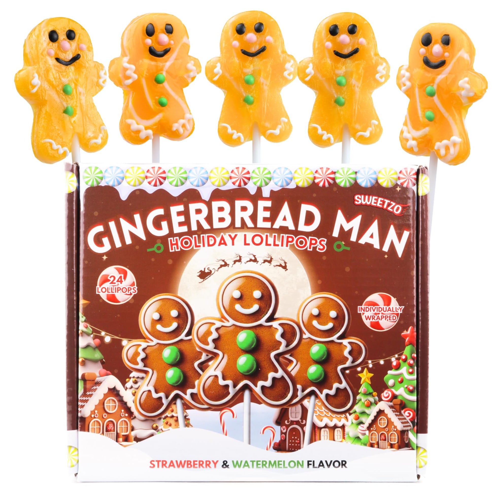 Sweetzo Gingerbread Man Christmas Lollipops, Strawberry & Watermelon, 24 Count, Individually Wrapped, Holiday Party Favors