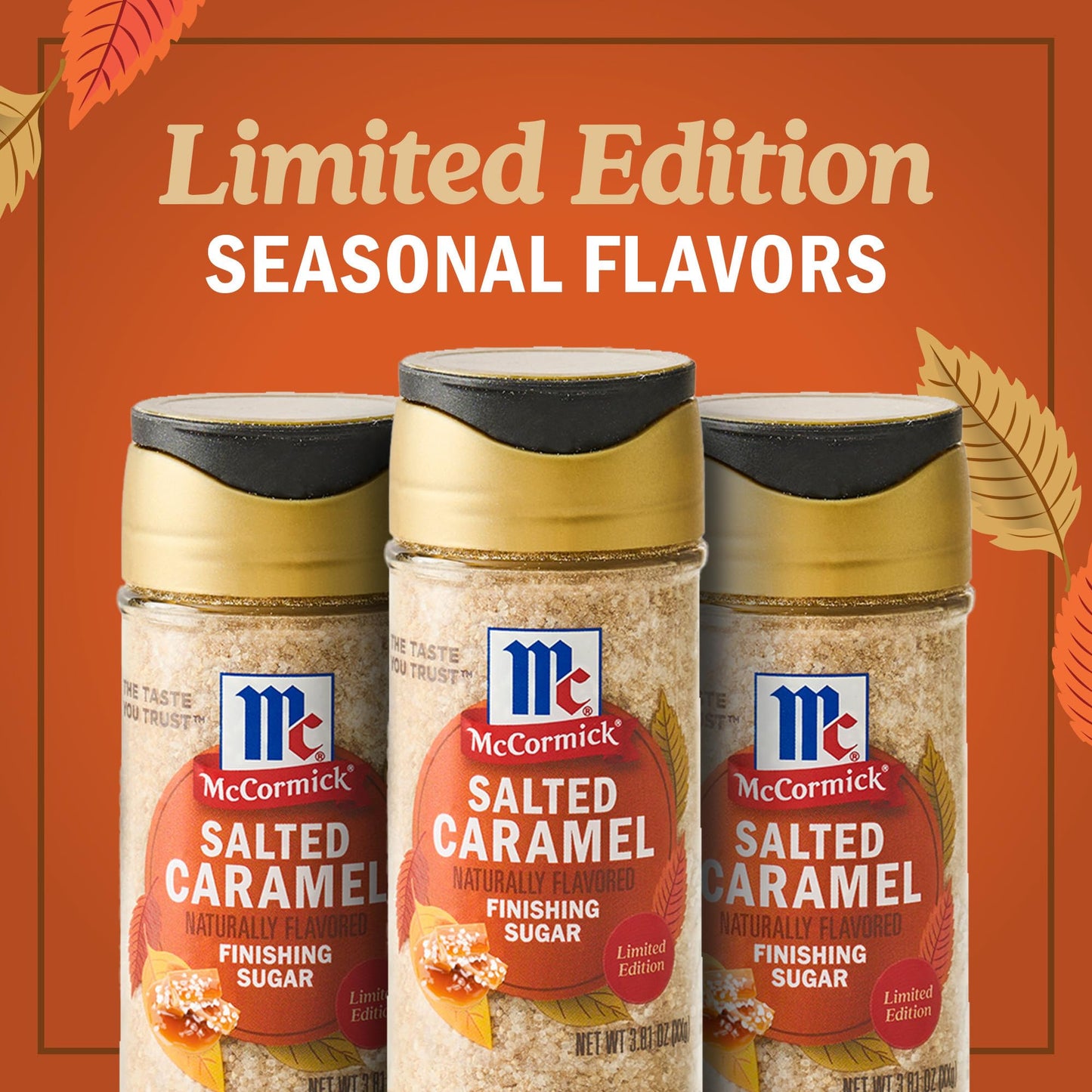 McCormick Finishing Sugar  Salted Caramel  Limited Edition  Creamy Caramel Flavor with a Touch of Salt  For Coffee  Ice Cream  Brownies  Popcorn  Hot Cocoa  and More  3.81 oz