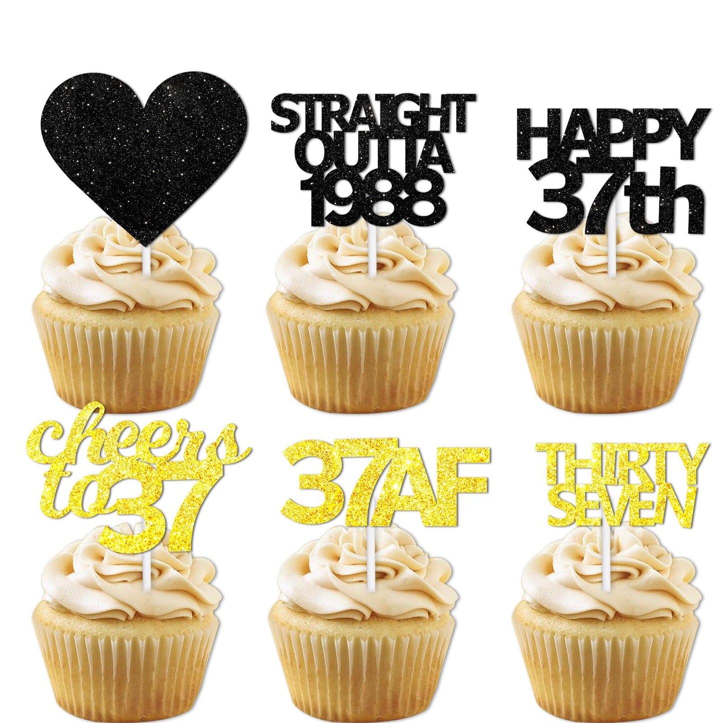 18pcs Black Gold Glitter Dessert Cupcake Pick for Straight Outta 1988 Cheer to 37 Years Old Theme Decor Supplies Happy 37th Birt
